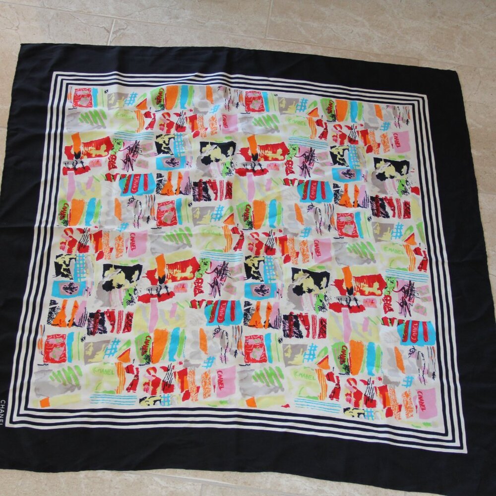 Chanel Black and Multi-Color Silk Scarf. This RARE Color-Authentic Original - Picture 14 of 14